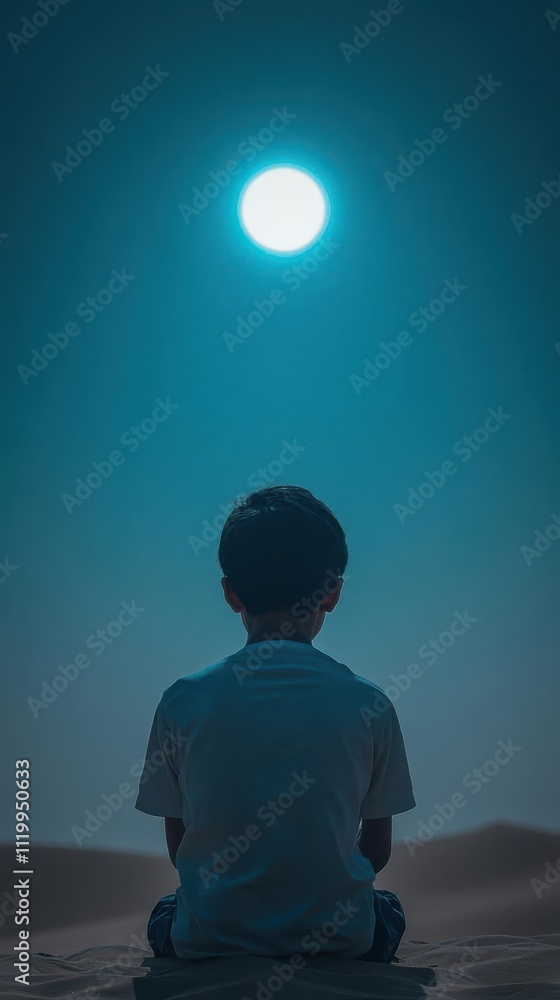 A child gazes at a bright, ethereal light in a serene landscape. A child gazes at a bright, ethereal light in a serene landscape.