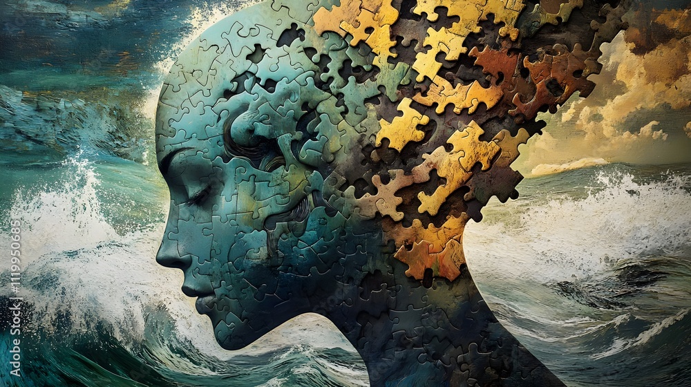 Human head profile and jigsaw puzzle. symbolizing the connection between the brain, mind, soul, and psychology surreal painting illustration. autism, memory loss, dementia, epilepsy and alzheimer awar Human head profile and jigsaw puzzle. symbolizing the connection between the brain, mind, soul, and psychology surreal painting illustration. autism, memory loss, dementia, epilepsy and alzheimer awar