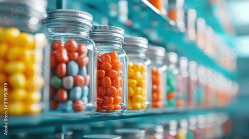 Jars filled with a plethora of vibrantly colored candies are neatly organized along shelves, evoking a sense of order, abundance, and the joys of sweet indulgence. photo