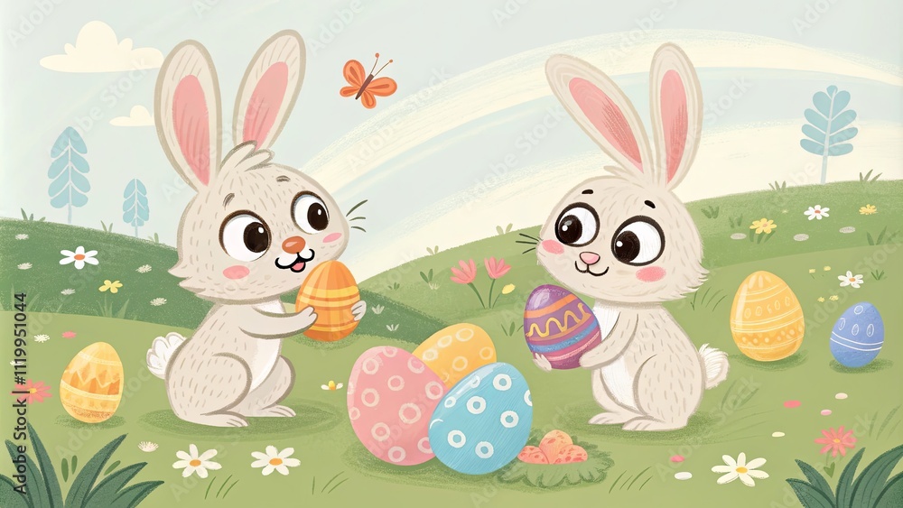 Two rabbits are holding Easter eggs in a field