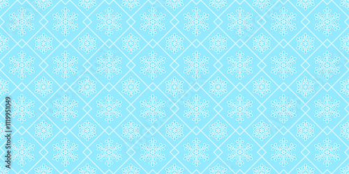 Blue and white background with squares and decorative different sizes snowflakes. New Year endless texture with winter ornament. Vector seamless pattern for Christmas design, wrapping paper, giftwrap