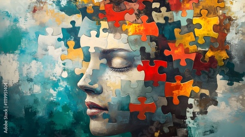 Human head profile and jigsaw puzzle. symbolizing the connection between the brain, mind, soul, and psychology surreal painting illustration. autism, memory loss, dementia, epilepsy and alzheimer awar photo