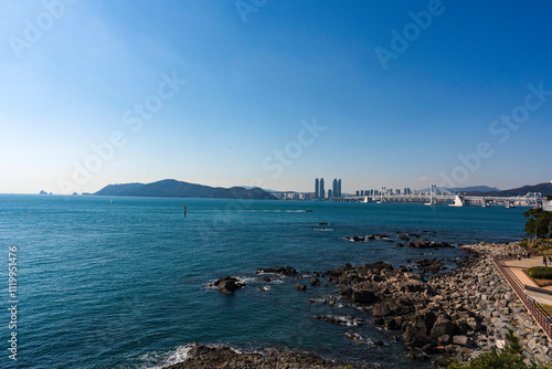 동백섬에서 보는 광한대교와 오륙도-부산, 대한민국 photo