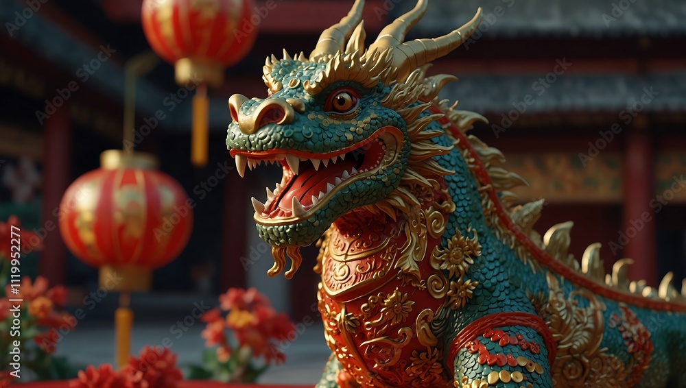 Ornate Chinese Dragon Statue Near Festive Lanterns