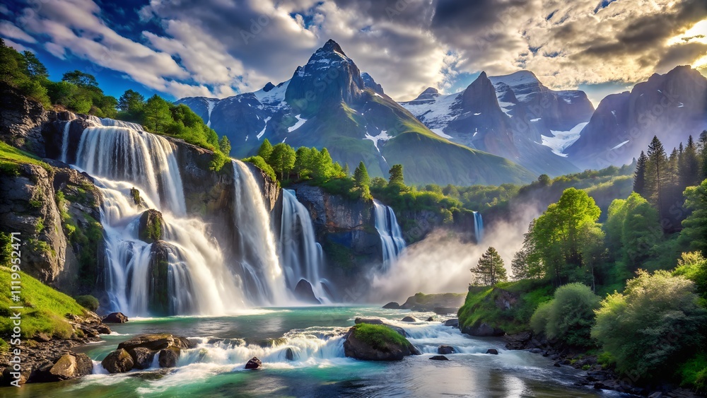 Fototapeta premium Majestic mountain waterfall in a lush green valley with a crystal clear river flowing through it