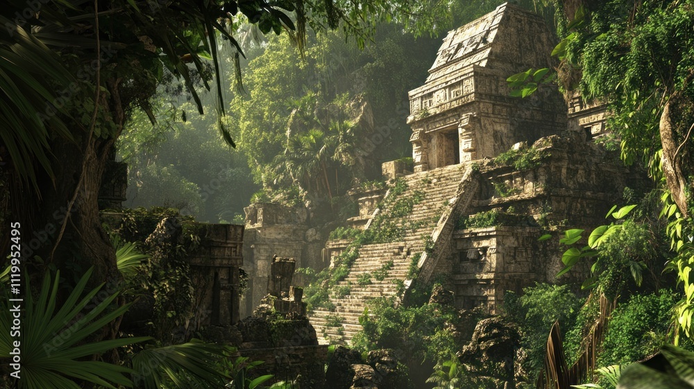 Ancient Mayan Temple Overgrown by Lush Jungle Ancient Mayan Temple Overgrown by Lush Jungle