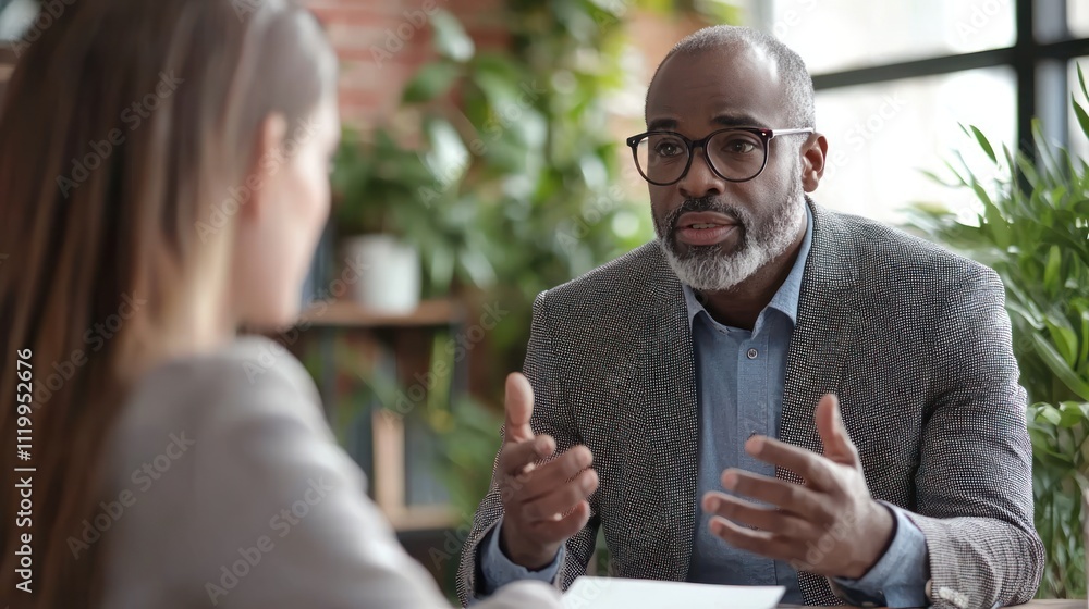 A manager or leader giving insightful feedback to employees during a one-on-one meeting, demonstrating astute understanding and mentorship