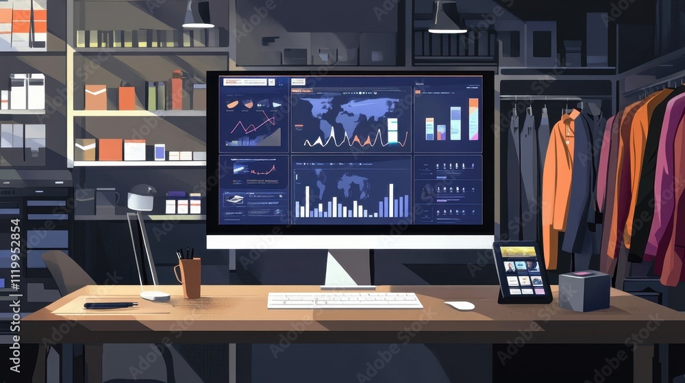 Modern Professional Workspace with Large Screen Setup Modern Professional Workspace with Large Screen Setup