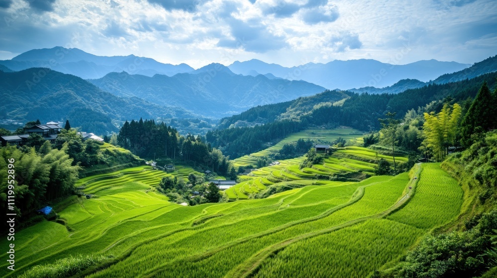 Serene Green Rice Terraces and Majestic Mountains in Japan Serene Green Rice Terraces and Majestic Mountains in Japan