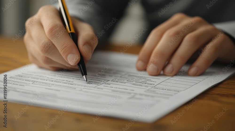 A close-up of hands holding a pen, writing on a sheet of paper, set on a wooden table with a soft-focus background. A close-up of hands holding a pen, writing on a sheet of paper, set on a wooden table with a soft-focus background.