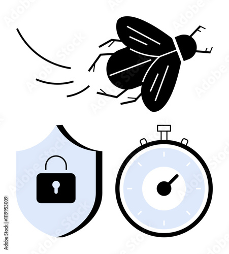 Flying insect shield with lock and stopwatch. Ideal for speed, protection, time management, security, urgency, efficiency, and safety. Line metaphor