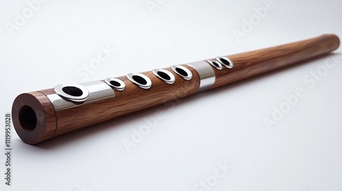 Wooden flute with silver keywork on white background. photo