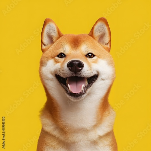 Happy shiba inu dog on yellow