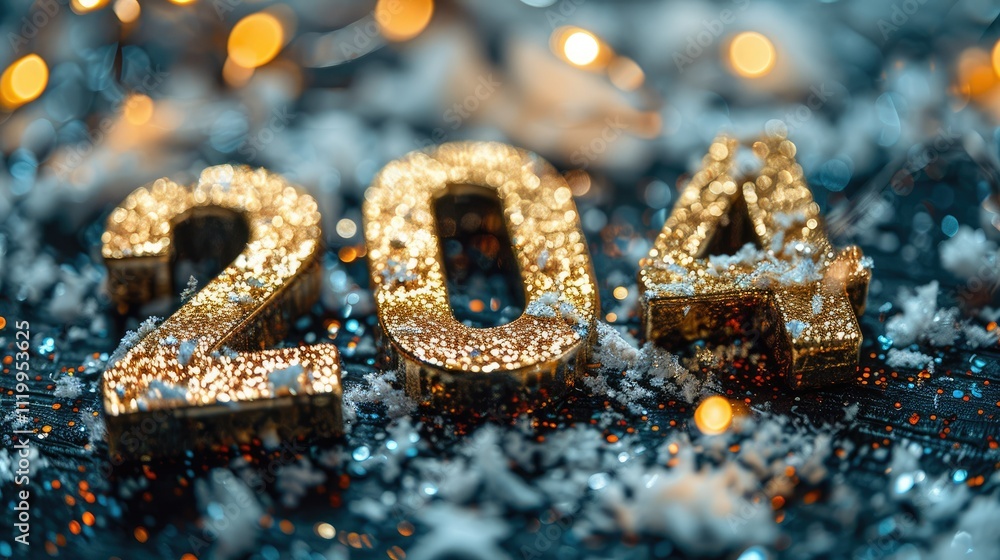 Glittery gold 2024 numerals on snowy surface with bokeh lights. Glittery gold 2024 numerals on snowy surface with bokeh lights.