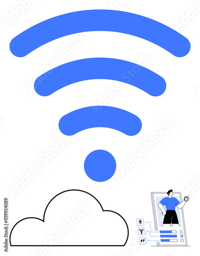 Large blue wireless signal connecting to a cloud icon with human figure using a smartphone and application interface. Ideal for technology, communication, cloud computing, internet services, wireless