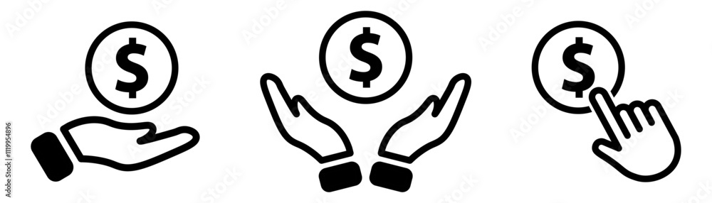 Money handling icons set. Save money, budget, Revenue, cash, Loan, dollar coins. Hands holding money symbols. Vector Money handling icons set. Save money, budget, Revenue, cash, Loan, dollar coins. Hands holding money symbols. Vector