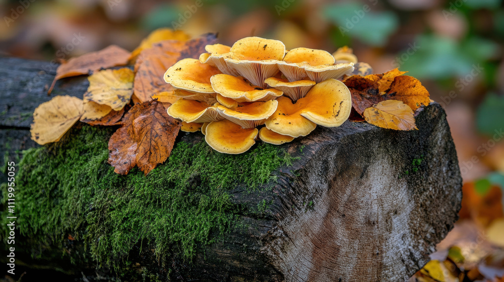 Vibrant orange mushrooms grow atop a mossy log, surrounded by autumn leaves in a lush forest setting. Vibrant orange mushrooms grow atop a mossy log, surrounded by autumn leaves in a lush forest setting.