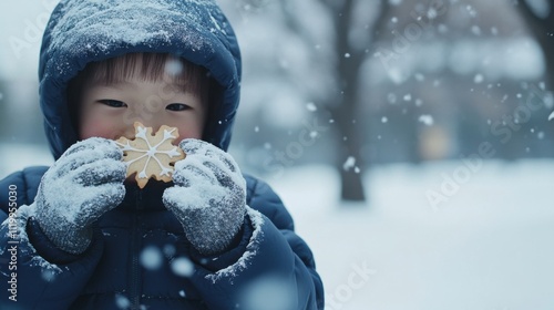 暖かいジャケットを着て屋外でクッキーを食べながら冬の雪を楽しむ子供