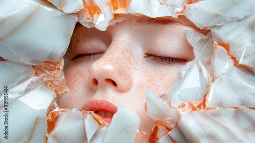 Peaceful closed-eyed face enveloped by sleek, broken white shards invokes themes of tranquility amidst disorder, serenity, fragility, and calm introspective tension. photo