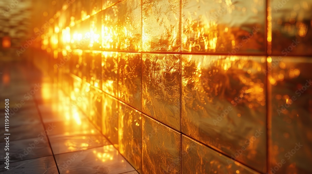 Naklejka premium Golden tiles reflecting sunlight, creating a warm, radiant ambiance.