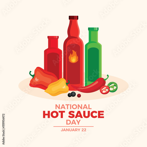 National Hot Sauce Day poster vector illustration. Bottle of hot sauce and chili peppers icon vector. Sauce and condiments drawing. Template for background, banner, card. January 22 every year