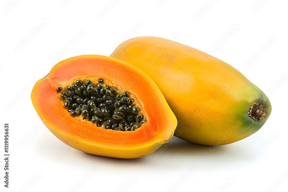 Ripe Papaya Fruit Cut in Half and Whole Ripe Papaya Fruit Cut in Half and Whole