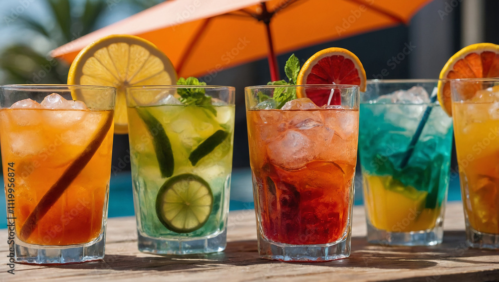 Fototapeta premium Two drinks, one orange, one red, under yellow umbrellas, with orange slices and mint.