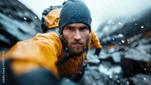 A climber in orange gear braves a snowstorm on a steep mountain slope, capturing the raw spirit of adventure and endurance against nature's harsh elements. photo