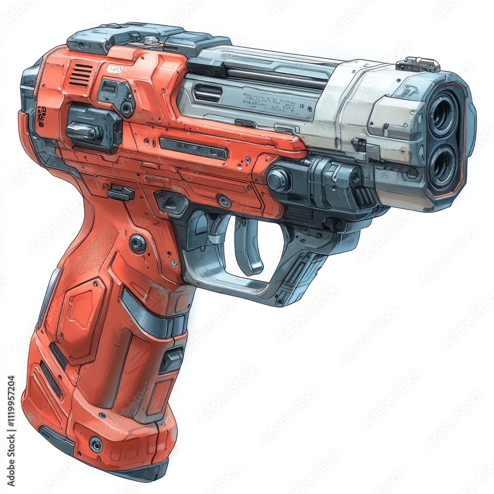 A futuristic, stylized handgun with a sleek design and dual barrels. A futuristic, stylized handgun with a sleek design and dual barrels.