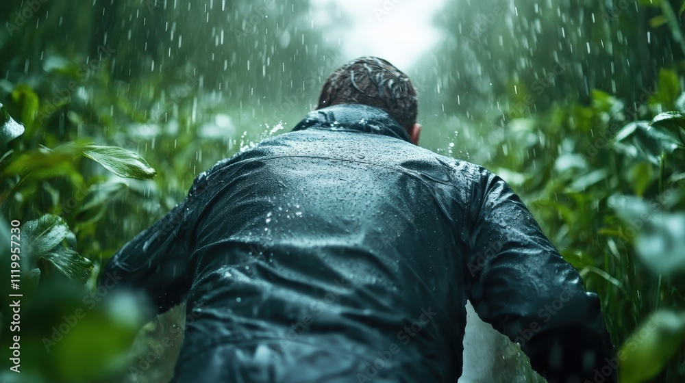 custom made wallpaper toronto digitalA man in a black raincoat is navigating through a lush, densely foliated forest during heavy rainfall, showcasing determination and resilience amid nature's elements.