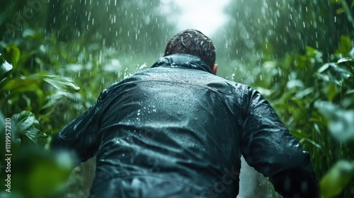 Wallpaper Mural A man in a black raincoat is navigating through a lush, densely foliated forest during heavy rainfall, showcasing determination and resilience amid nature's elements. Torontodigital.ca
