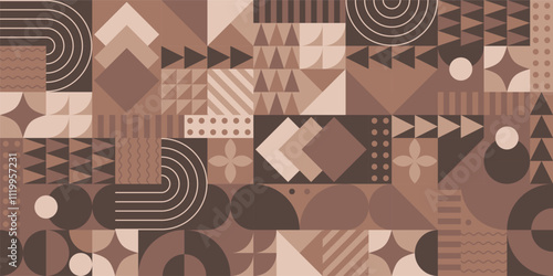 Modern geometric seamless pattern with 2025 color Mocha Mousse. Abstract background with geometric shapes. Vector illustration