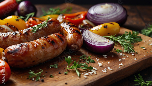Grilled sausages on a wooden board, with sliced onions and bell peppers nearby.

