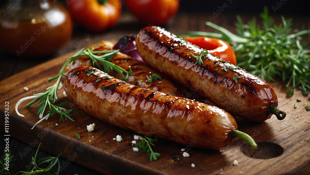 Grilled sausages on a wooden board, with sliced onions and bell peppers nearby.

