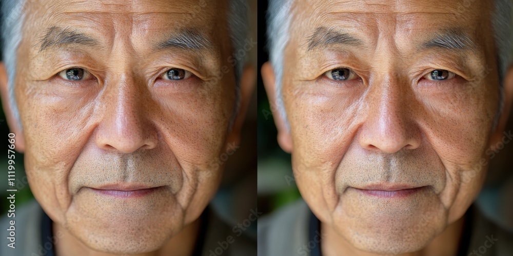 分割画面でポートレートの前後の比較により老化の概念が説明される 分割画面でポートレートの前後の比較により老化の概念が説明される
