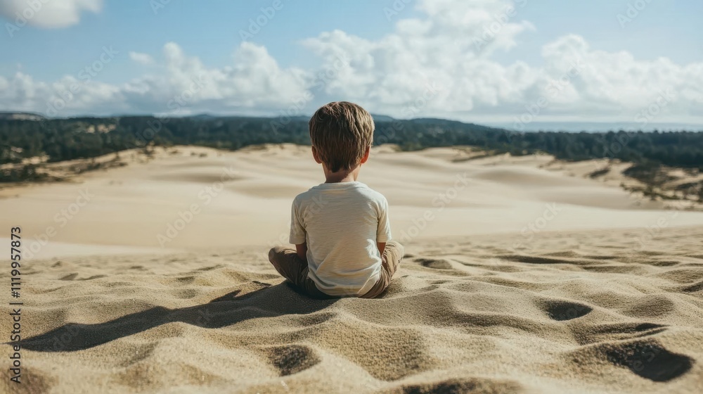 A child sitting on sand dunes, gazing at a vast landscape under a cloudy sky. A child sitting on sand dunes, gazing at a vast landscape under a cloudy sky.