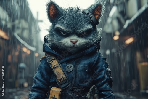 Steely-willed feline warrior in rainy alleyway scene photo