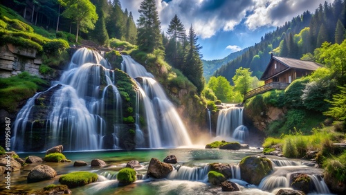 Scenic view of a majestic waterfall and a secluded cabin in the Swiss Alps photo