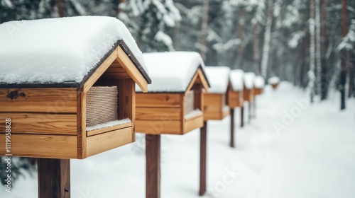 Wallpaper Mural Beehives filled with honeycomb rest under a layer of snow among autumn trees, showcasing a tranquil winter landscape and beekeeping practices Torontodigital.ca