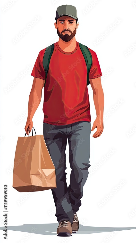 Man Walking With Bag And Backpack Wearing Red Shirt Man Walking With Bag And Backpack Wearing Red Shirt