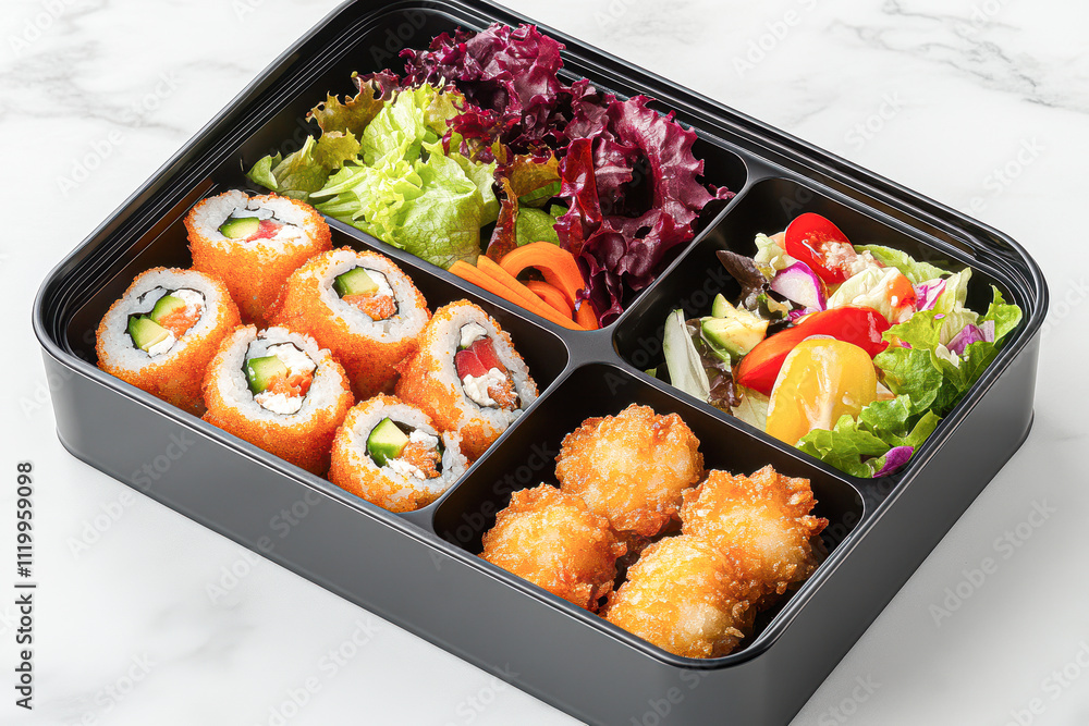 A black container with a variety of food items including sushi, salad A black container with a variety of food items including sushi, salad