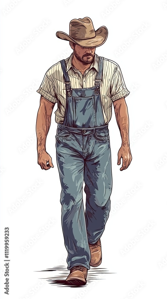 A Cowboy Farmer Walks Forward in Denim Overalls A Cowboy Farmer Walks Forward in Denim Overalls