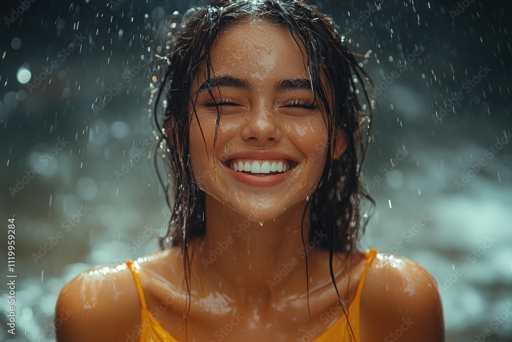 Joyful asian young female smiling in the rain with wet hair and yellow top Joyful asian young female smiling in the rain with wet hair and yellow top