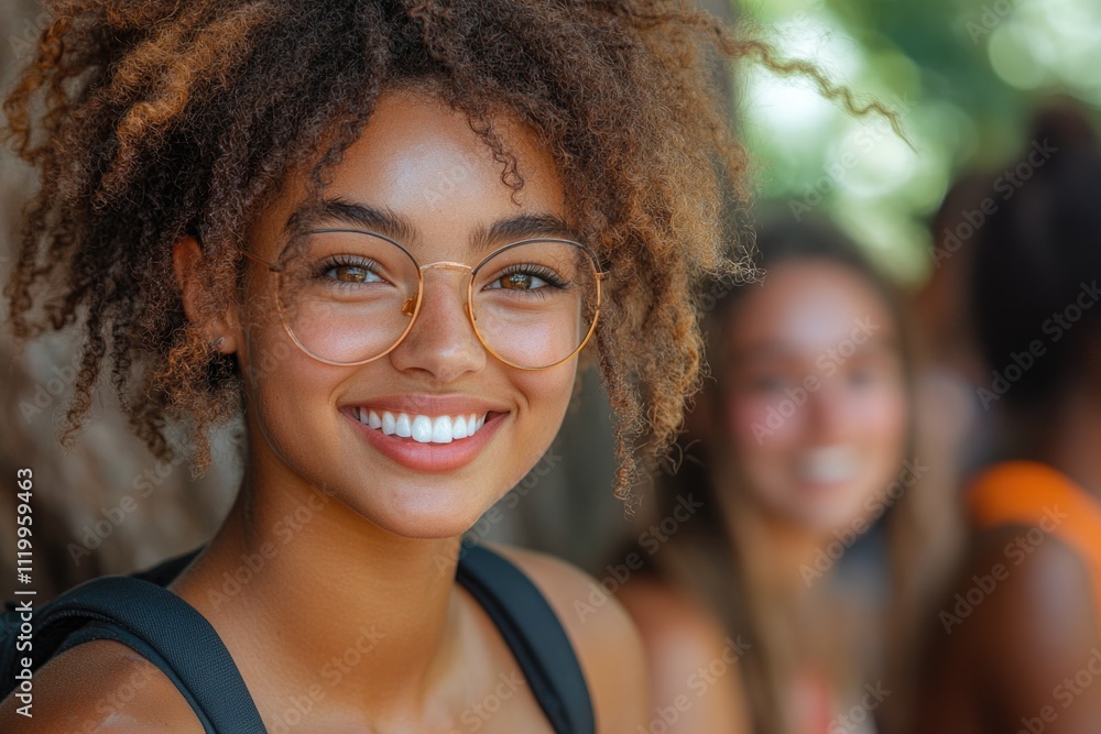 Smiling african young female with glasses outdoors in a relaxed setting Smiling african young female with glasses outdoors in a relaxed setting