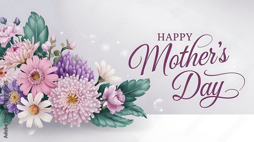 Elegant Mother’s Day Greeting Card with Pastel Flowers, Green Leaves, and Stylish Purple Script on a White Background Elegant Mother’s Day Greeting Card with Pastel Flowers, Green Leaves, and Stylish Purple Script on a White Background