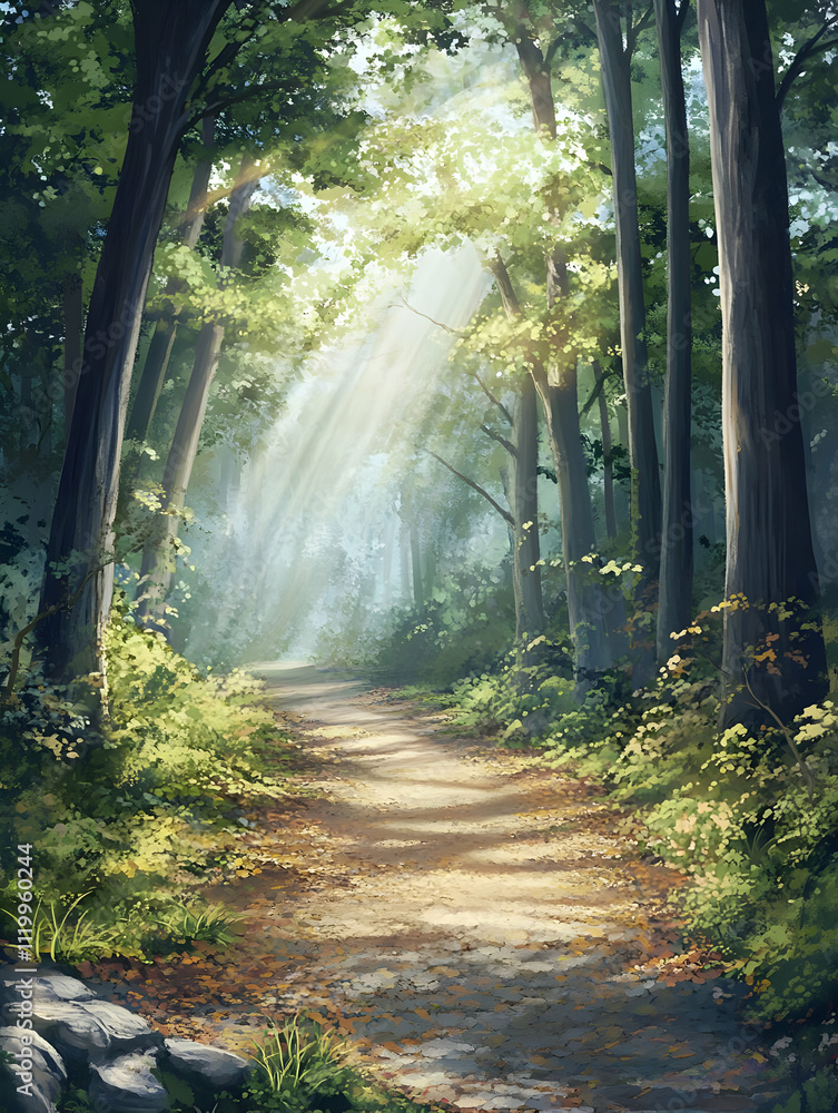 A serene forest path illuminated by sunlight, inviting exploration and tranquility. A serene forest path illuminated by sunlight, inviting exploration and tranquility.