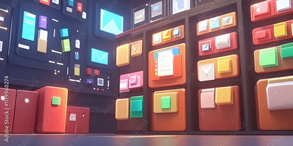 Abstract representation of a futuristic network grid showcasing colorful folders and files in a digital environment with vibrant technology elements Abstract representation of a futuristic network grid showcasing colorful folders and files in a digital environment with vibrant technology elements