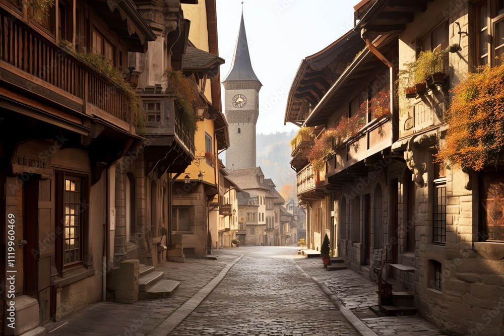 Obraz premium Cobblestone street in a quaint European village, lined with historic buildings, leading to a church steeple under a hazy sky.