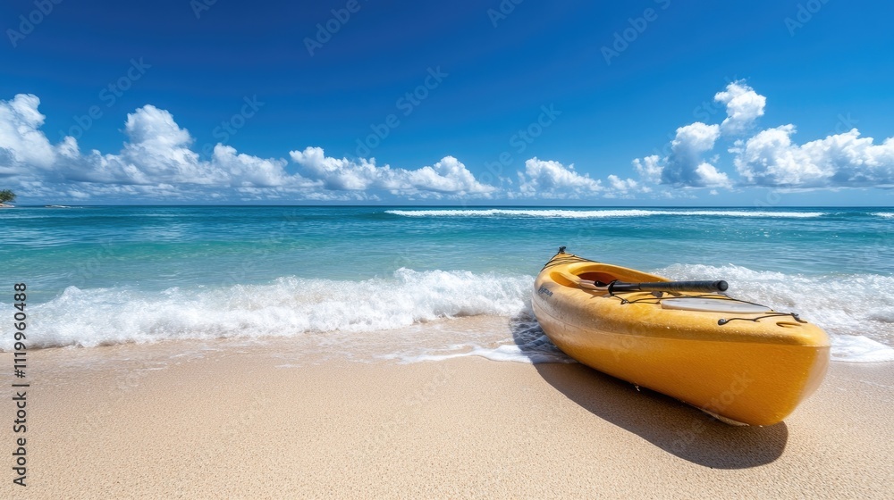 Kayak and oar positioned on pristine sandy beach as sunset casts warm colors over calm ocean waves reflecting the light Kayak and oar positioned on pristine sandy beach as sunset casts warm colors over calm ocean waves reflecting the light