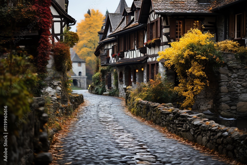 Cobblestone street in autumnal village with timber-framed houses. Cobblestone street in autumnal village with timber-framed houses.